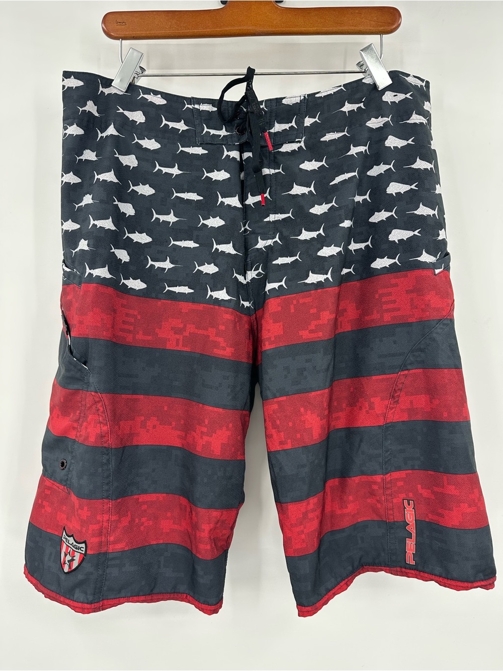 Pelagic Red and Black Fish-Print Board Shorts